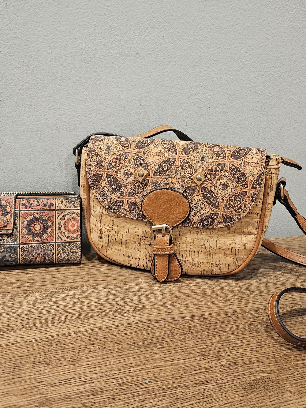 Womens Tan Patterned Cork Crossbody Bag